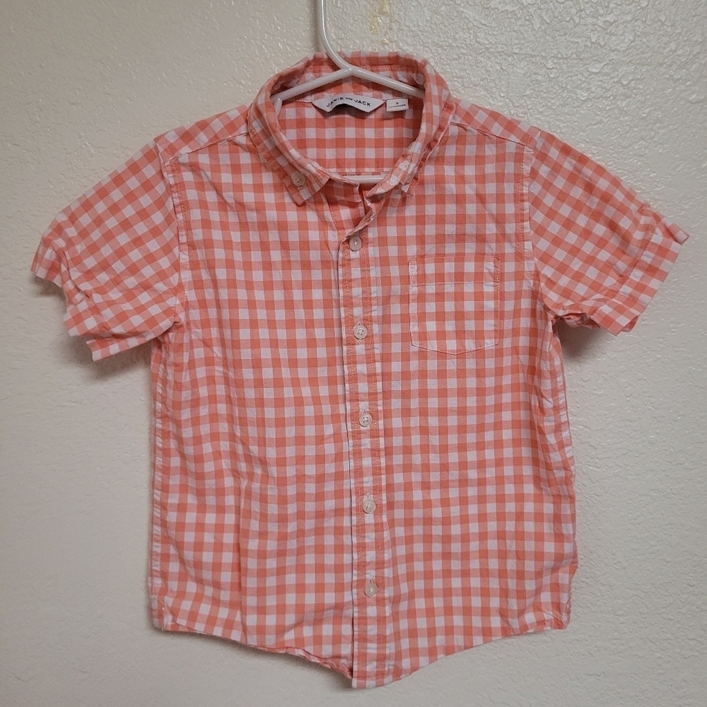 Janie And Jack Orange And White Checked Button Down Short Sleeve Shirt
